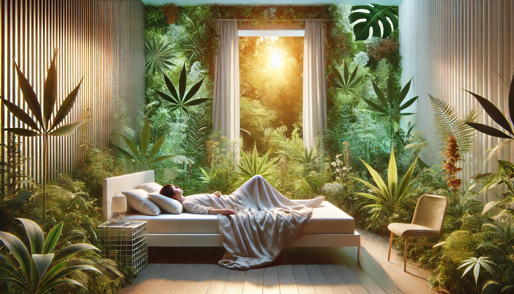 A calm bedroom filled with plants and morning light.